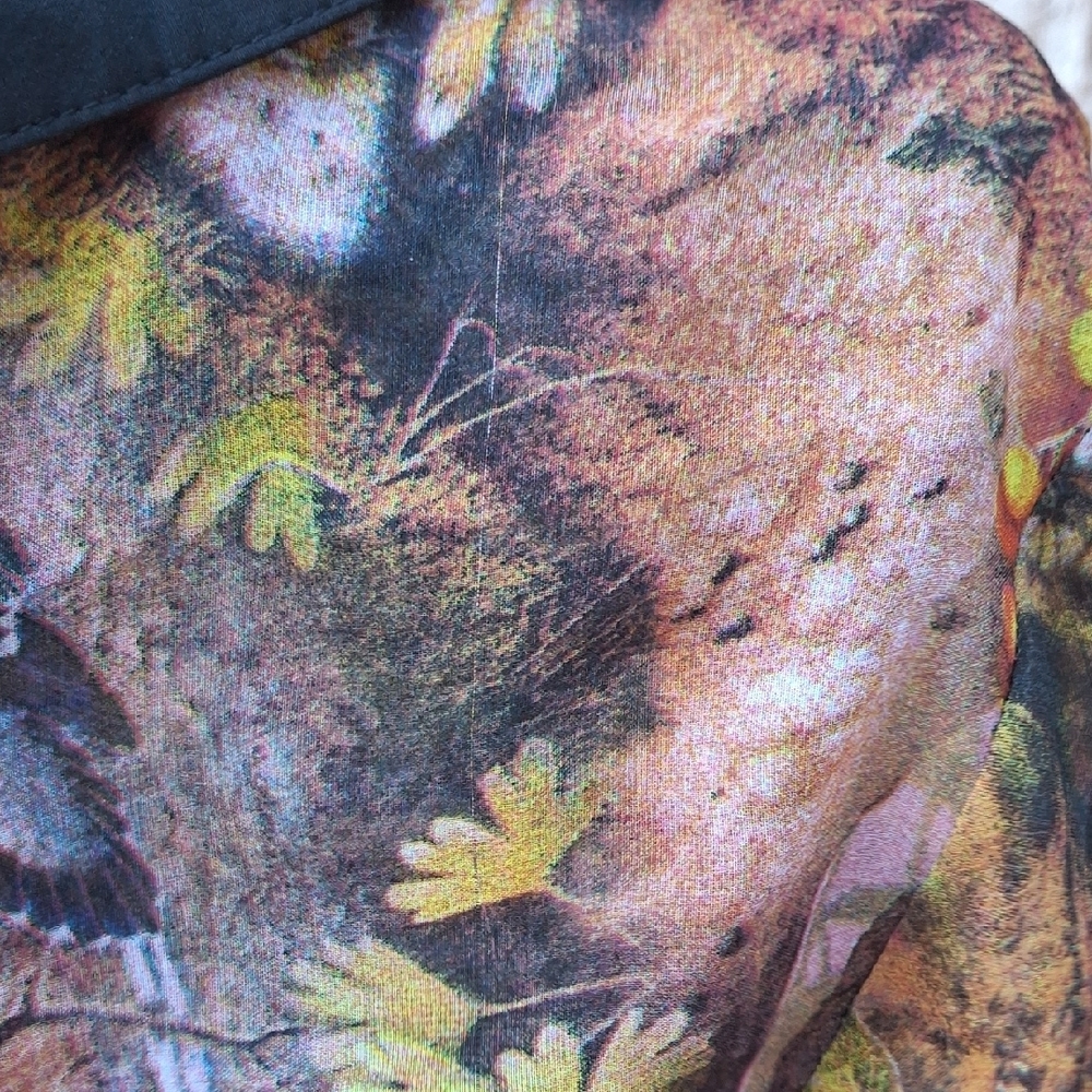 Yumi 6/8 Colorful Forest Gothica Style Print Button-Up Sheer TUNIC Shirt - Picture 11 of 12